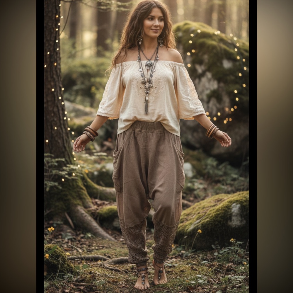 Pretty Angel hippie Pant Women Pull On Tapered Linen Artsy Boho Lace Whimsy M